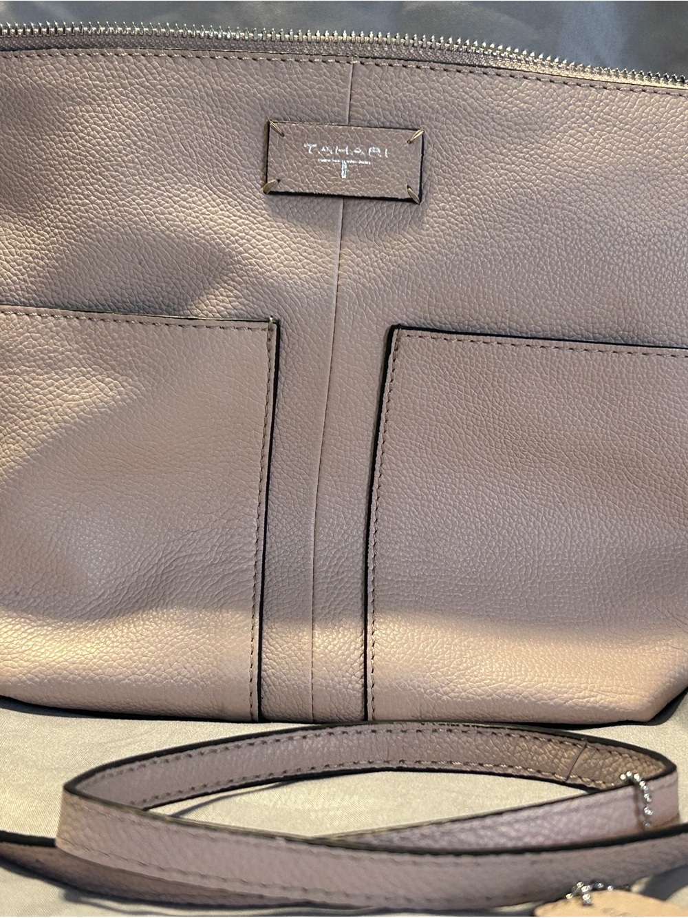 T Tahari Light Pink Pebbled Leather Shoulder Bag with Front Pockets